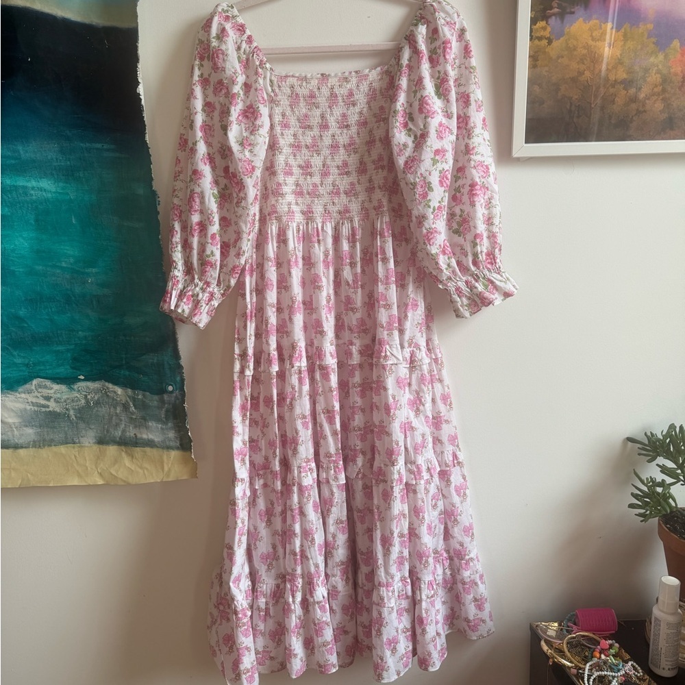 Loveshackfancy Cotton Rose Beaux Midi Dress Small Floral Bow Smocked White Pink - Picture 3 of 7